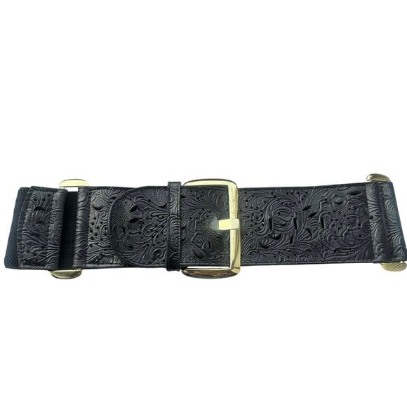 A|Wear Y2K Black Tooled Leather Stretch Waist Belt M/L Gold Buckle Western Boho - Picture 1 of 8